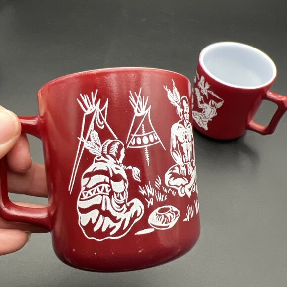 VTG Pair Of Hazel Atlas Western Childs Dark Red Milk Glass Mugs Native American - Picture 10 of 14